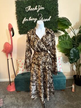 Black and Cream Animal Print Wrap Dress